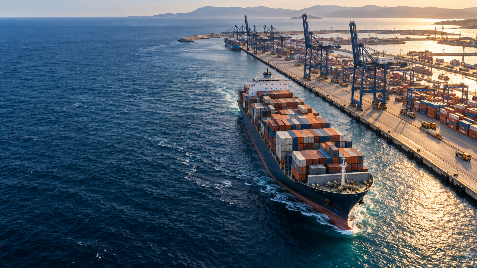 Vista conceptual de un puerto de comercio internacional
